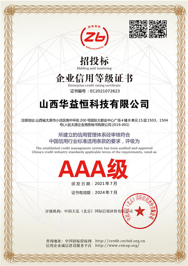 AAA級信用等級證書 AAA級信用等級證書